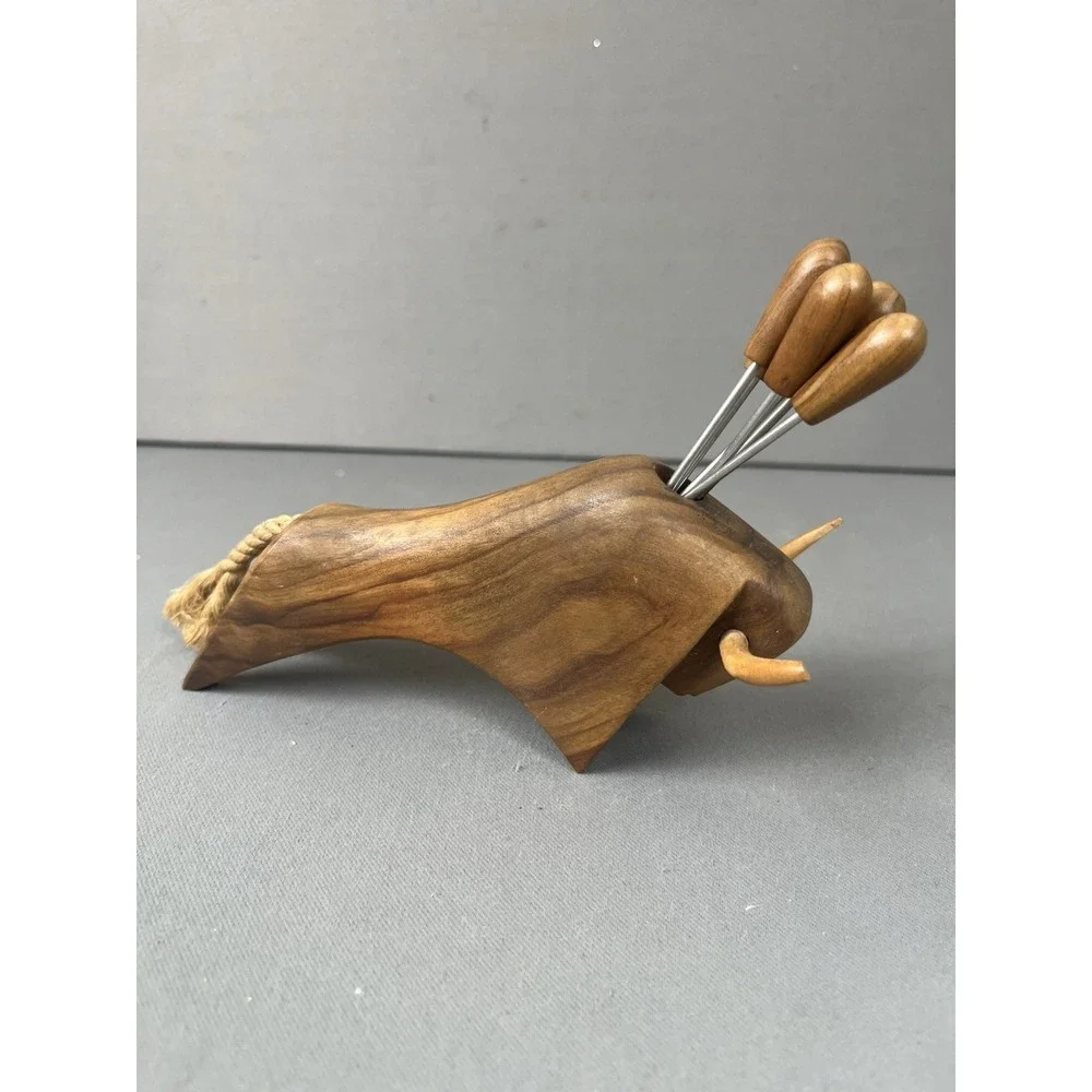 Vintage MCM Oliv-Art Olive Wood Bull Taureau 6 Appetizer Cocktail Skewers Forks